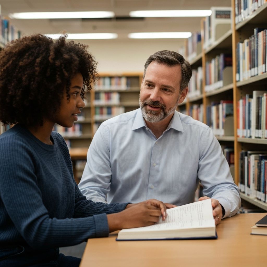 Faculty mentor working with student in the library